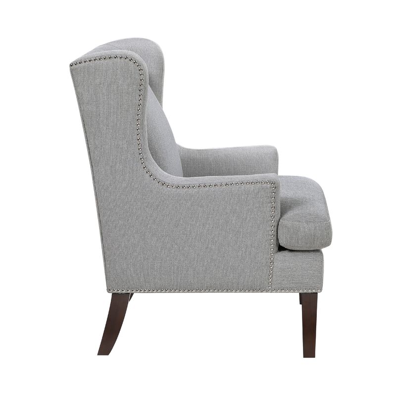 Rossana Accent Wing Armchair, Gray Polyester, Brown Wood, Nailhead
