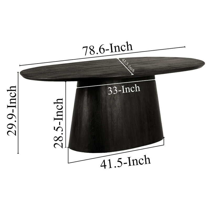Jano Dining Table, 79 Inch Oblong Top with Tapered Pedestal Base, Sandblasted Black Mango Wood