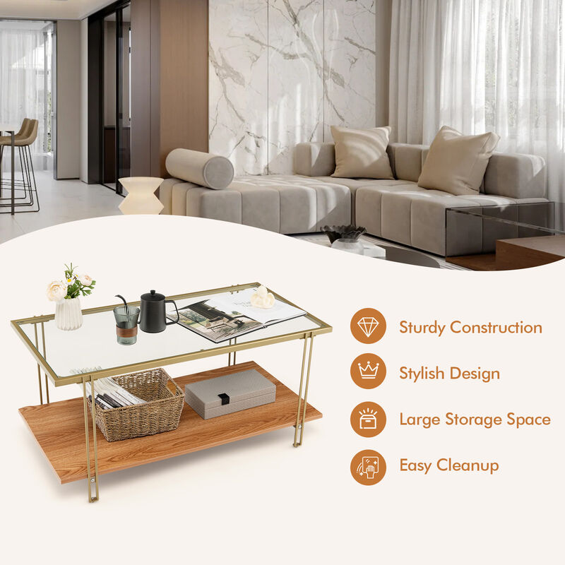 2 Tiers Rectangle Glass Coffee Table with White and Gold Steel Frame-Golden