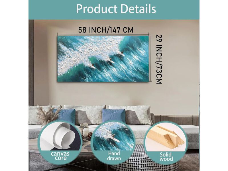 Large Beach Wall Art Ocean Wave Canvas Coastal Painting Decor for Living Room image number 2