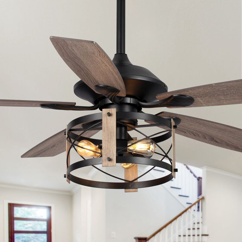52" Walnut Wood 5-Blade Industrial Indoor Ceiling Fan Chandelier with Remote