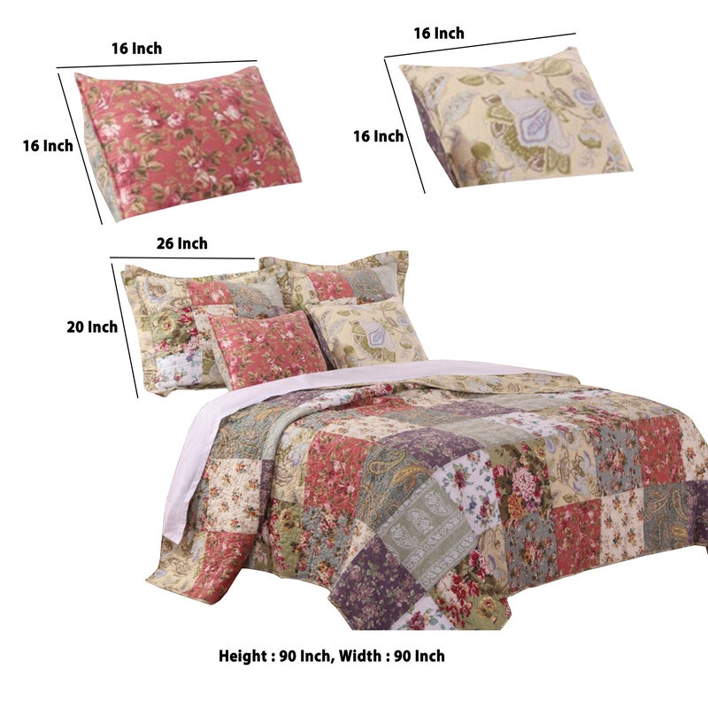 Chicago 5 Piece Fabric Queen Size Quilt Set with Jacobean Prints,Multicolor - Benzara