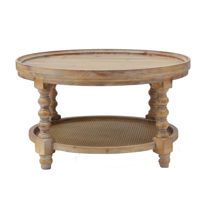 Jake 30 Inch Coffee Table, Fir Wood, Lower Tier Woven Wicker Shelf, Brown-Benzara