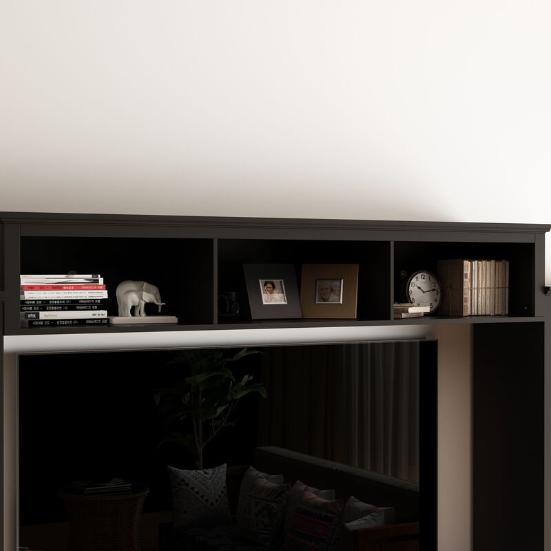 Black Wood TV Stand Fits TV's up to 75 in. with Top Open Shelves, Bookcase and Tempered Glass Door Cabinet