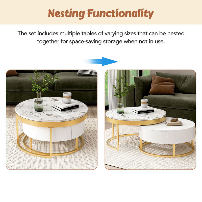 Merax Modern Round Nesting Coffee Table with Drawers image number 4