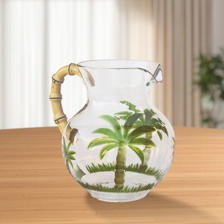 HomeRoots 3 Quart Clear and Green Palm Tree Acrylic Pitcher