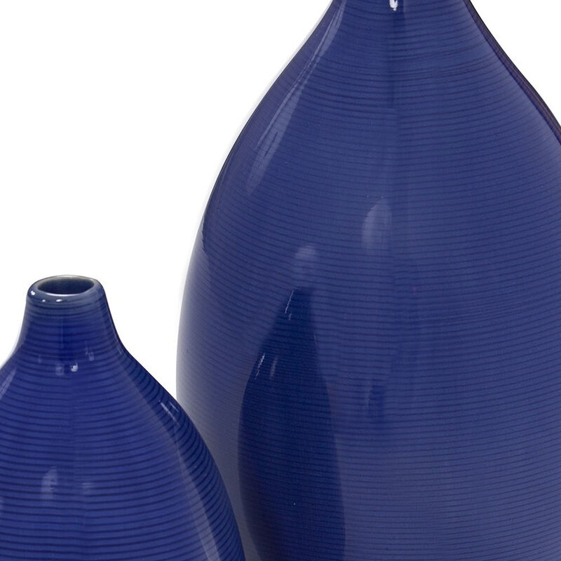 Modern Set of 2 Deep Indigo Ceramic Bulb Vases for Living Room or Dining