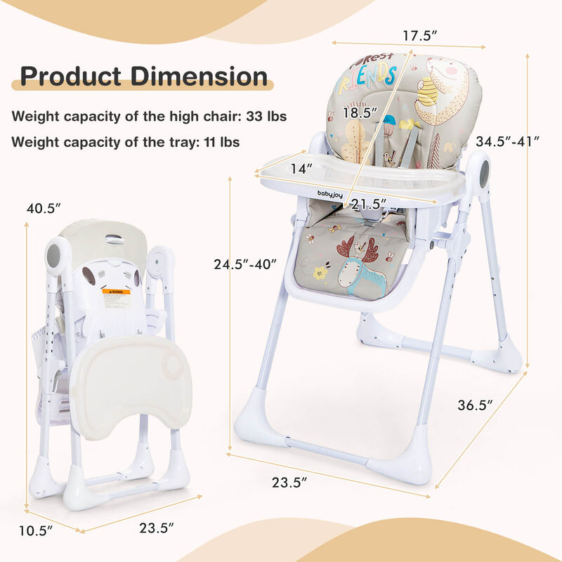 Baby High Chair Folding Feeding Chair with Multiple Recline and Height Positions