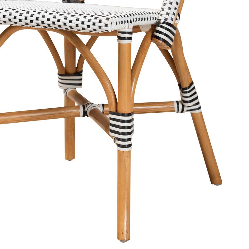 Baxton Studio Genica Classic French Black and White Weaving and Natural Brown Rattan Indoor and Outdoor Bistro Chair