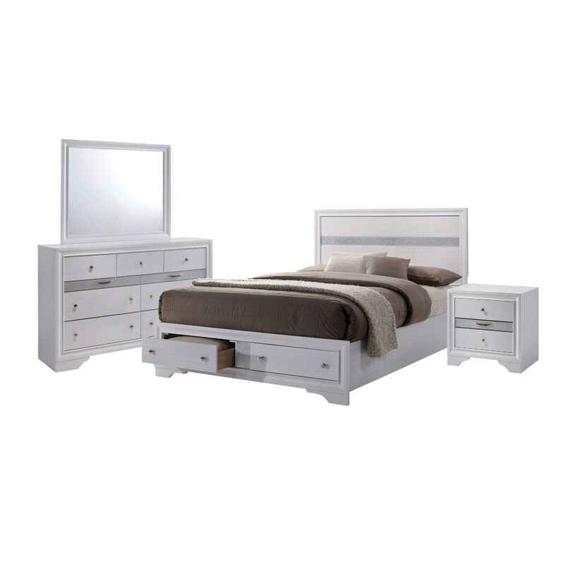 Crissi 4 Pc King Bedroom Set, Panel Design, Silver Accents, White - Benzara