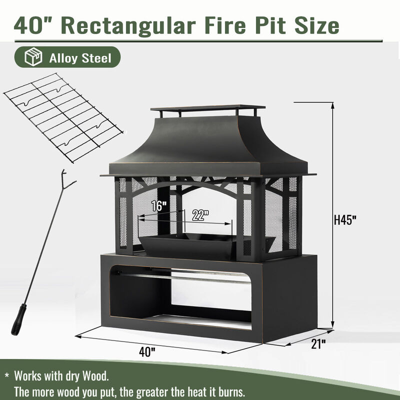 40" Wood Burning Fireplace, 50000 BTU Steel Fire Pit, Wood Burning Chimney for Outside Patio Deck Garden Backyard