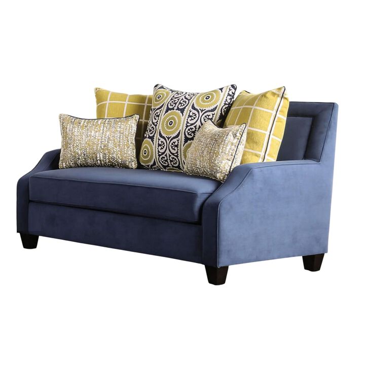 Omis Loveseat, Navy Blue Velvet, 5 Accent Pillows, Solid Wood, 65 Inch - Benzara - Benzara