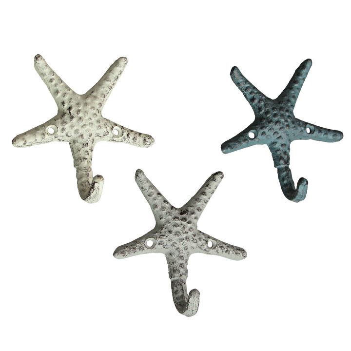 Set of 3 Cast Iron Nautical Starfish Wall Hooks - Stylish and Functional Towel, Hat, and Key Hangers - Rustic 4-Inch Decorative Hooks for Coastal-Themed Home