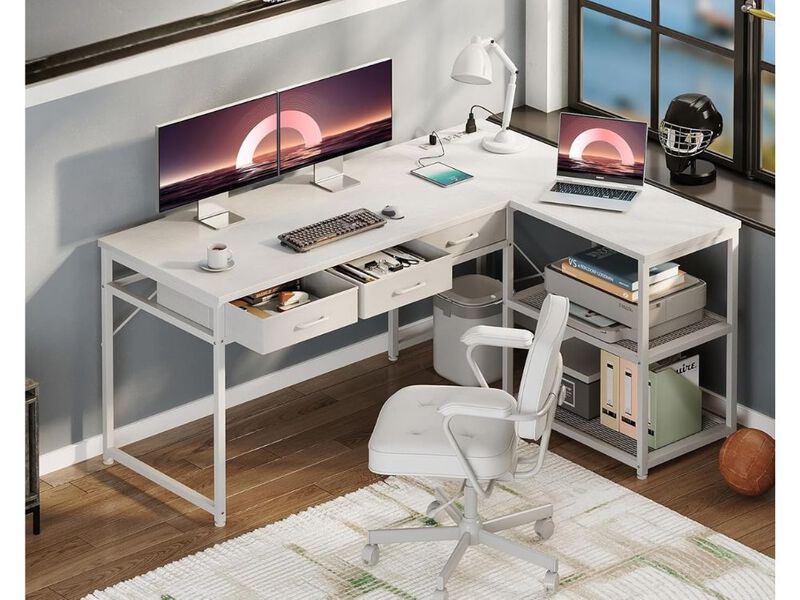 Computer Desk &ndash; 53" White L‑Shaped Corner Table with Drawers, Shelves & Power Outlets image number 1