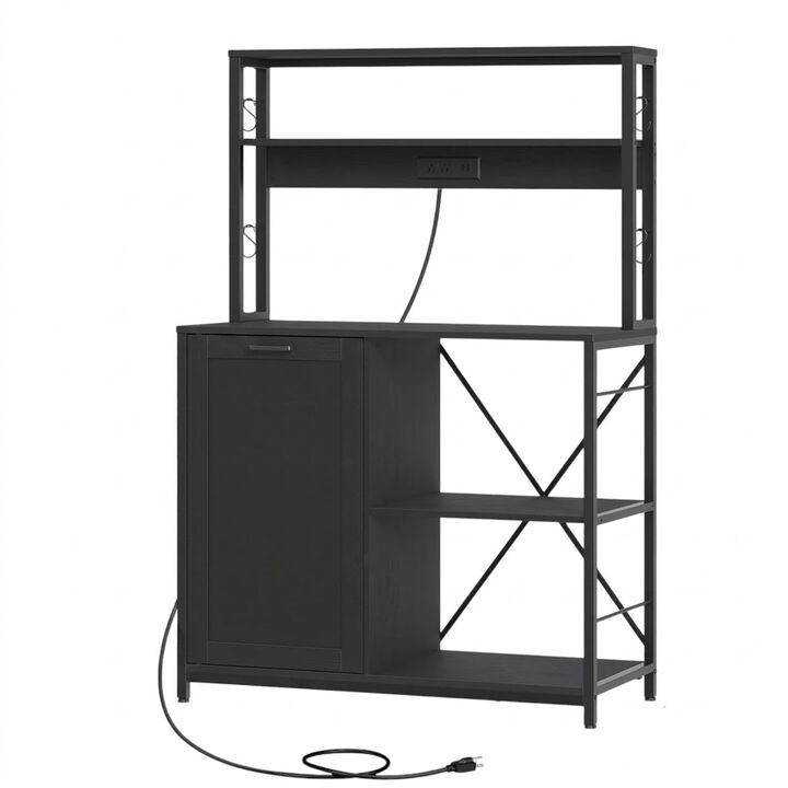 5 Tier Kitchen Bakers Rack with Microwave Shelf and Trash Bin Cabinet-Black