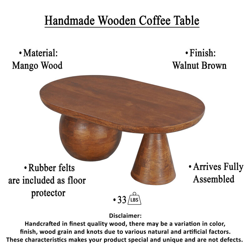 Leeds Coffee Table | 38" Handmade Walnut Brown Mango Wood Oval Top | Round Ball and Cone Base