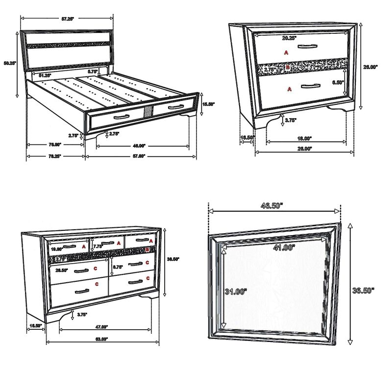 Vino 4pc Twin Bedroom Set, Storage Footboard, White, Glitter Stripes image number 5