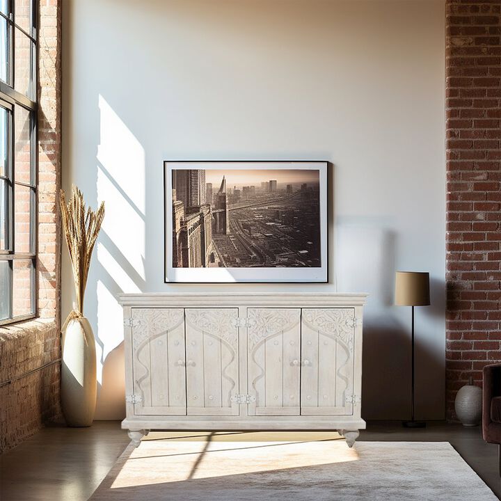 Jofran Taj 60 Hand Carved Solid Wood Global Bohemian Four-Door Sideboard Cabinet