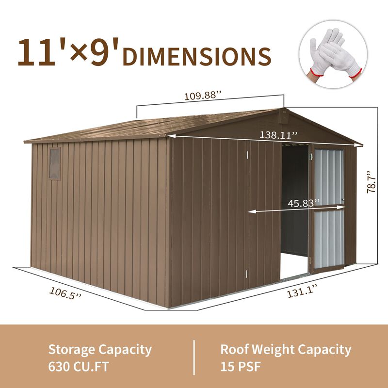 CLIHOME 11x9Ft Backyard Galvanized Steel Frame Storage Shed,Outdoor Metal Tool Shed Storage Room with Lockable Door image number 6