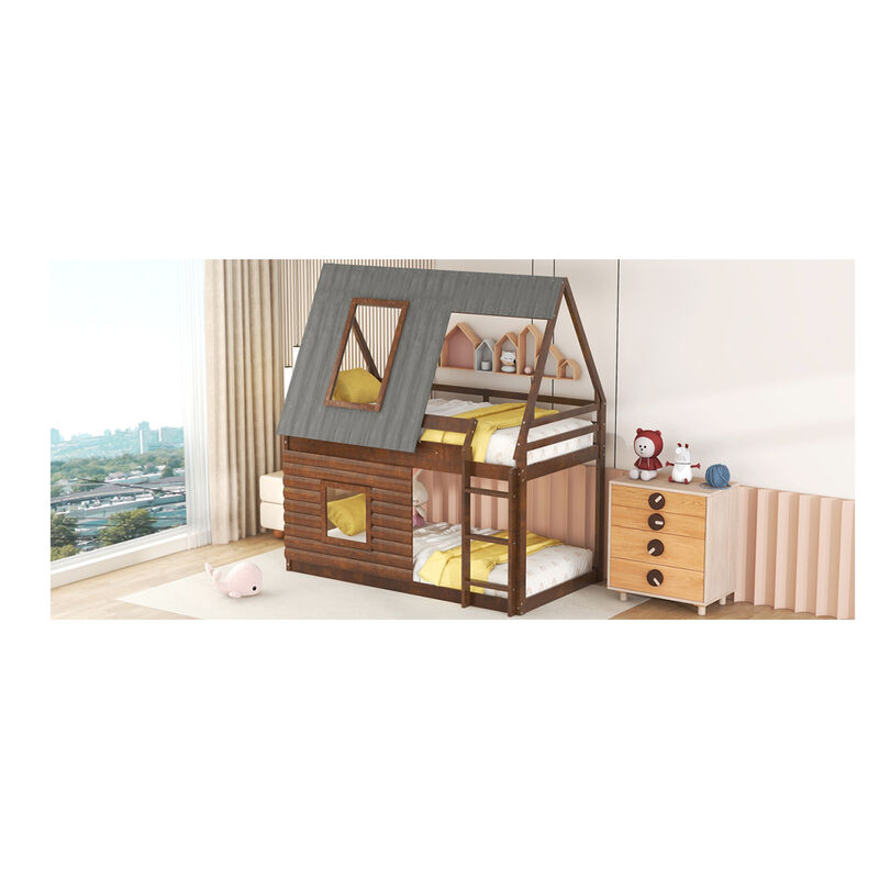 Wood Twin Size House Bunk Bed With Roof, Ladder And 2 Windows, Oak & Smoky