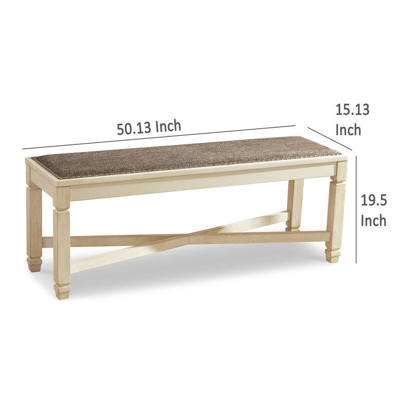 Bolan Large Dining Bench with Heavy Woven Fabric, White Wood, 50 Inch - Benzara