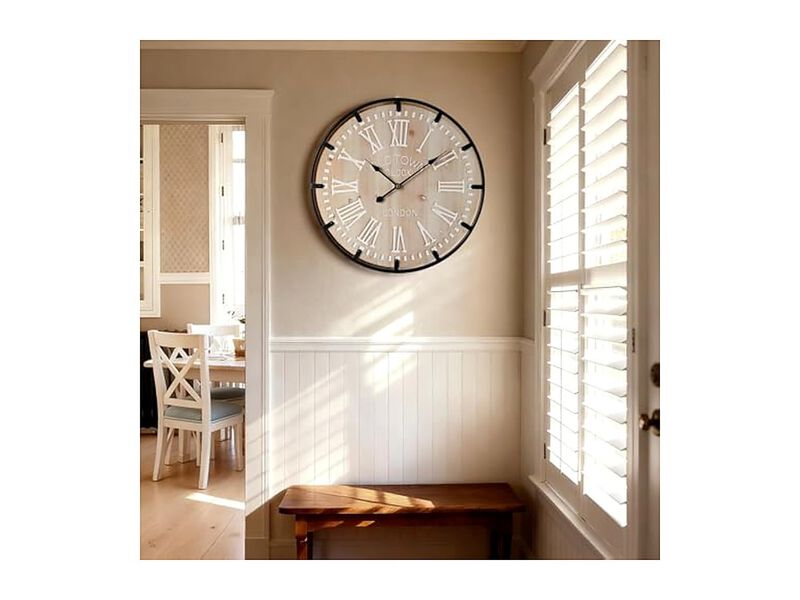 Farmhouse Metal Circle Wood Bedrooms Wall Clock 30 Inch Silent Battery Operated image number 3