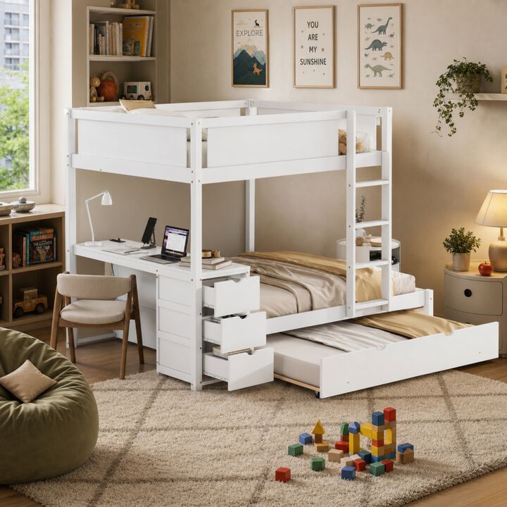 Whisen Full-Over-Full Bunk Bed with Trundle Desk Drawers, Solid Wood for Bedroom Kids