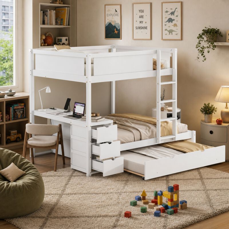Whisen Full-Over-Full Bunk Bed with Trundle Desk Drawers, Solid Wood for Bedroom Kids image number 1