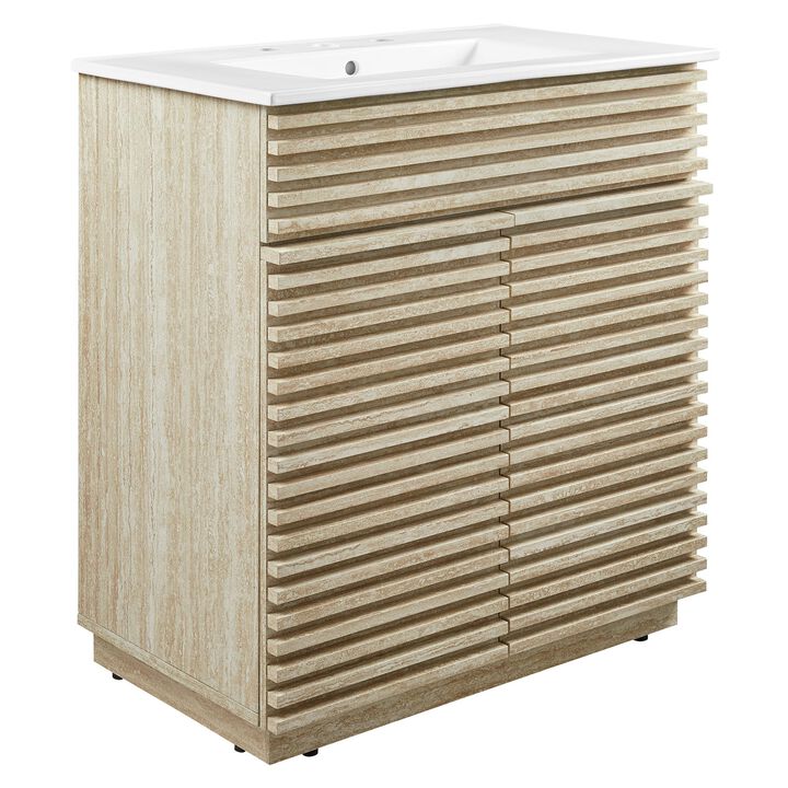 Modway Render Faux Travertine Slatted 30 Inch Bathroom Vanity in White with Sink Combo - Mid-Century Modern Single Sink Bathroom Vanity - Vanity Cabinet with Soft-Close Doors