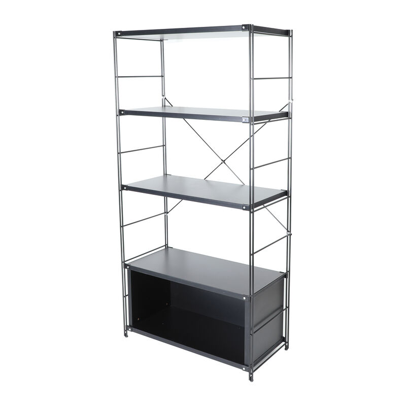 LeisureMod Etagere 4-Shelf Industrial Bookcase with Black Steel Frame and Melamine Shelves, Open Storage for Living Rooms, Offices, and Lounges