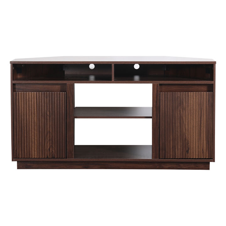 47" Dark Walnut Mid-Century Modern Wood Fluted Door Corner TV Stand Media Console with Open Shelf and Cabinet for TVs up to 50"