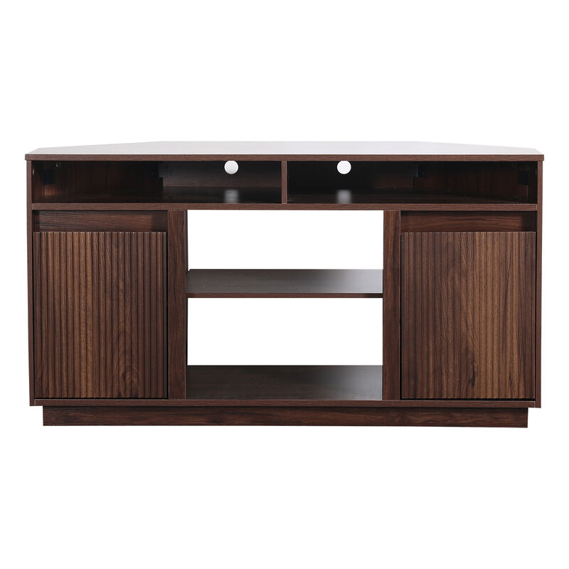 47" Dark Walnut Mid-Century Modern Wood Fluted Door Corner TV Stand Media Console with Open Shelf and Cabinet for TVs up to 50" image number 0
