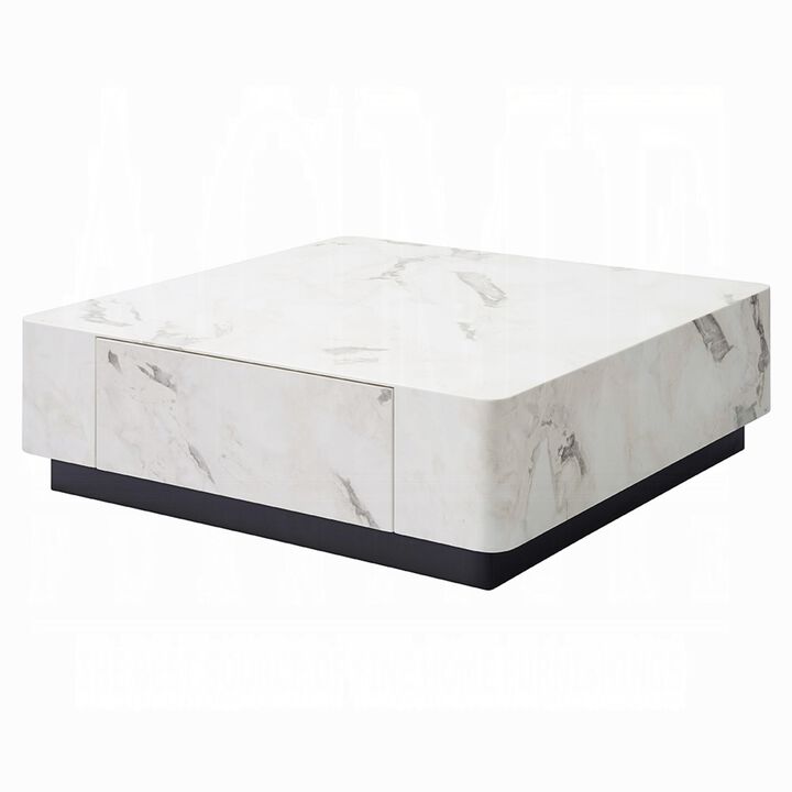 Ritzy Coffee Table, Modern Plinth, White Faux Marble, 47 Inch Square - Benzara