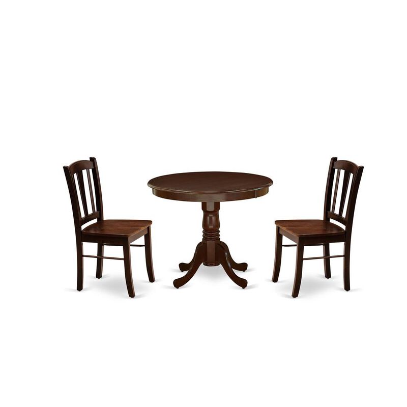 East West Furniture 3-Piece Dinette Room Set- 2 Dining Room Chair and Dining Room Table - Wooden Seat and Slatted Chair Back - Mahogany Finish