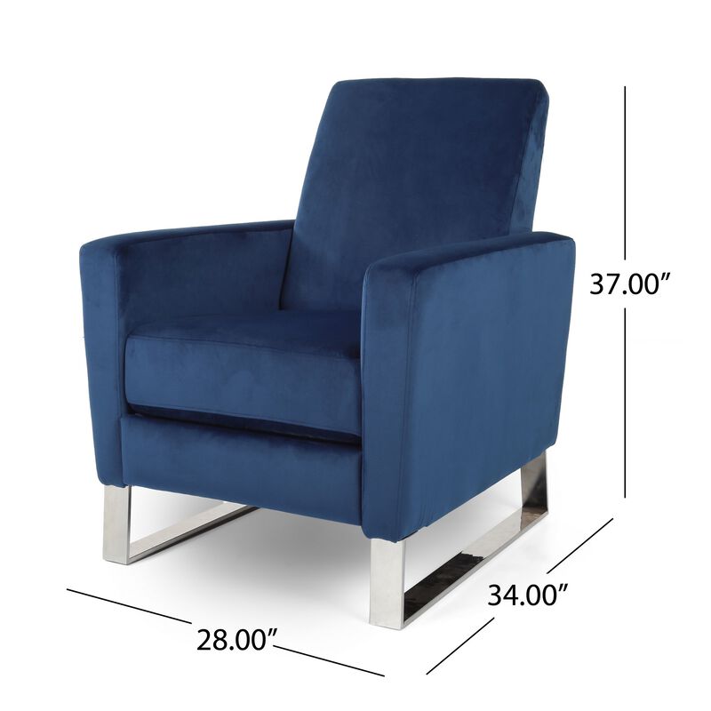 Reki Recliner Chair, Manual Push Back, Stainless Steel, Blue Velvet - Benzara
