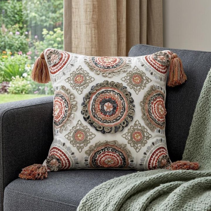 HomeRoots 18" Red and White Floral Cotton Throw Pillow With Embroidery, Tassels