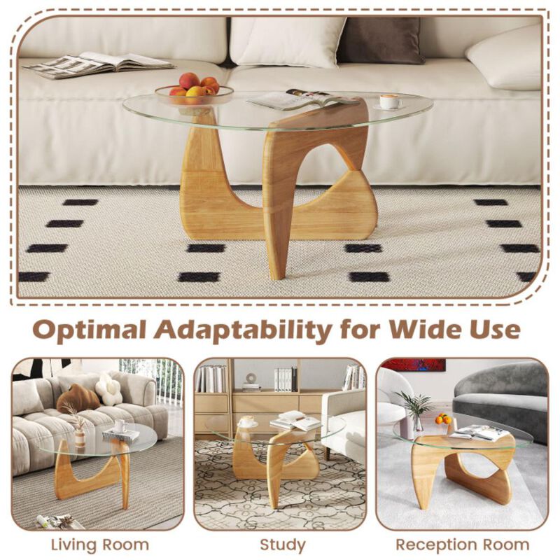 Hivvago Triangle Coffee Table with Tempered Glass Top and Adjustable Rubber Wood Base