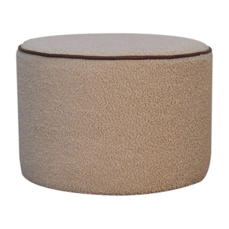Solid Wood Boucle Round Footstool with Bufallo Leather Piping
