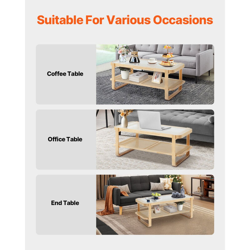Rectangular Rattan Coffee Table with Glass Top and Wood Legs for Living Room or Bedroom