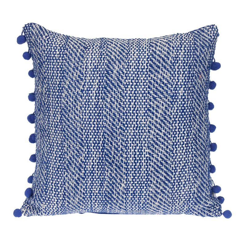 HomeRoots 18" Blue and White Weave Cotton Throw Pillow With Pom Poms image number 0