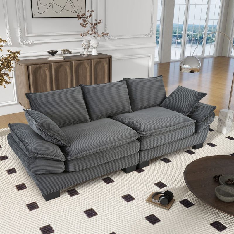 Clihome 85.4" Modern Curved Corduroy Fabric Couch Sofa,Back Upholstered Couch with 2 Decorative Throw Pillows image number 2