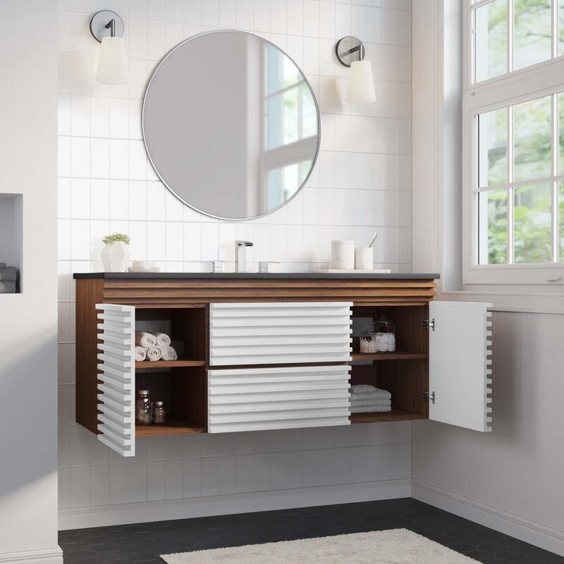 Modway Render 48" Wood Wall-Mount Bathroom Vanity - White/Walnut/Black image number 1