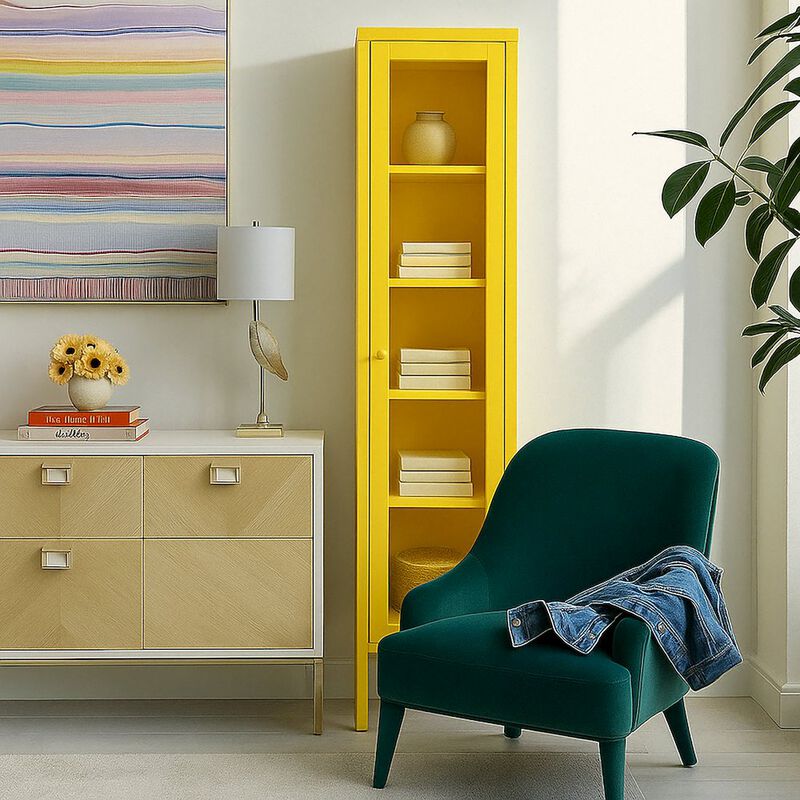 Glamour Home Avis 71-inch Yellow Metal Cabinet with Clear Door