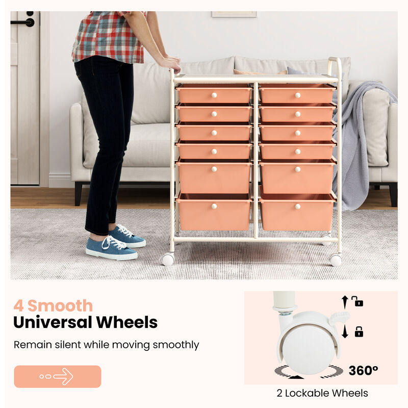 12-Drawer Rolling Organizer Cart with Lockable Wheels and Smooth Glide Drawers