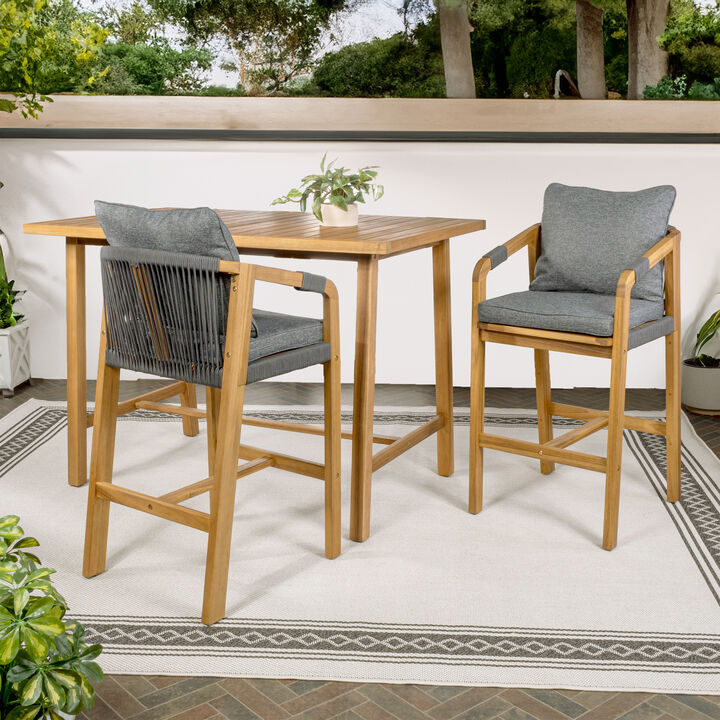 Porto Modern Coastal 3-Piece Acacia Wood Outdoor Bar Set with Cushions, Gray/Teak Brown