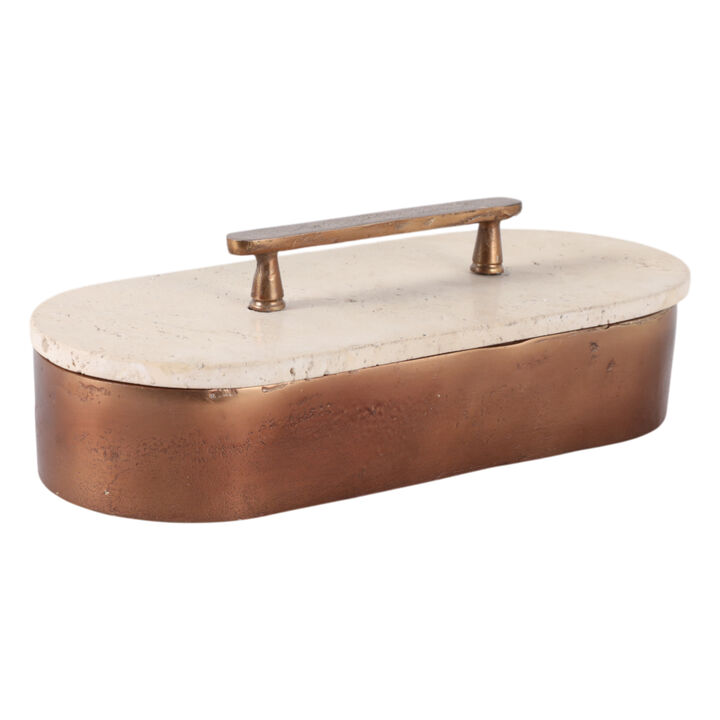 12x6" Travertine & Antique Brass Oval Box, Tan/bro