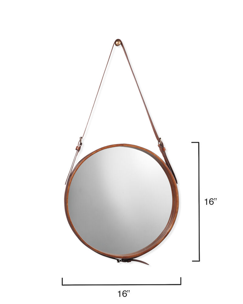 Small Round Steel Mirror, Brown Leather