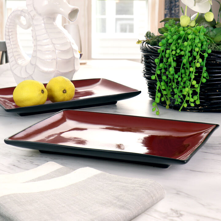 Gibson Home Urban Cafe 2 Piece 12 Inch Rectangle Stoneware Platter Set in Red
