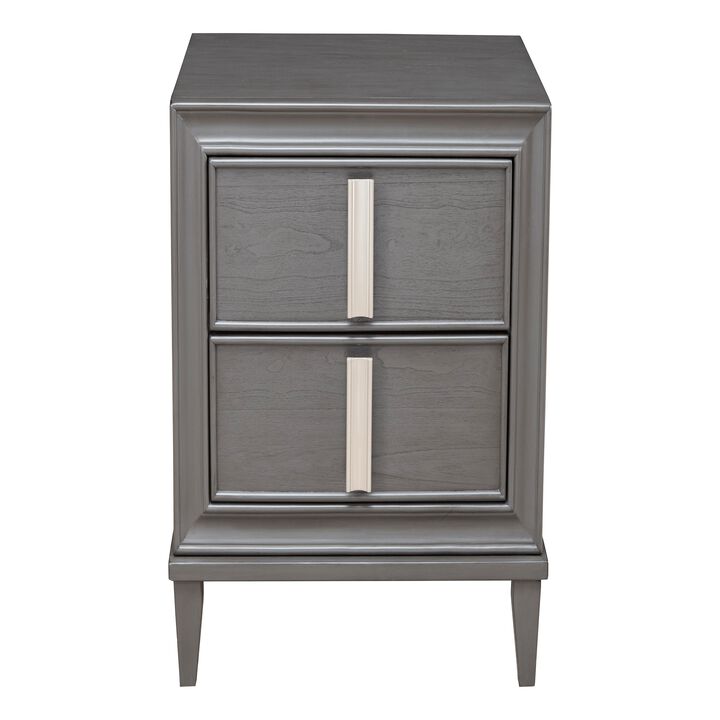 Wooden Nightstand With Two Drawers and Tapered Legs, Gray and White-Benzara
