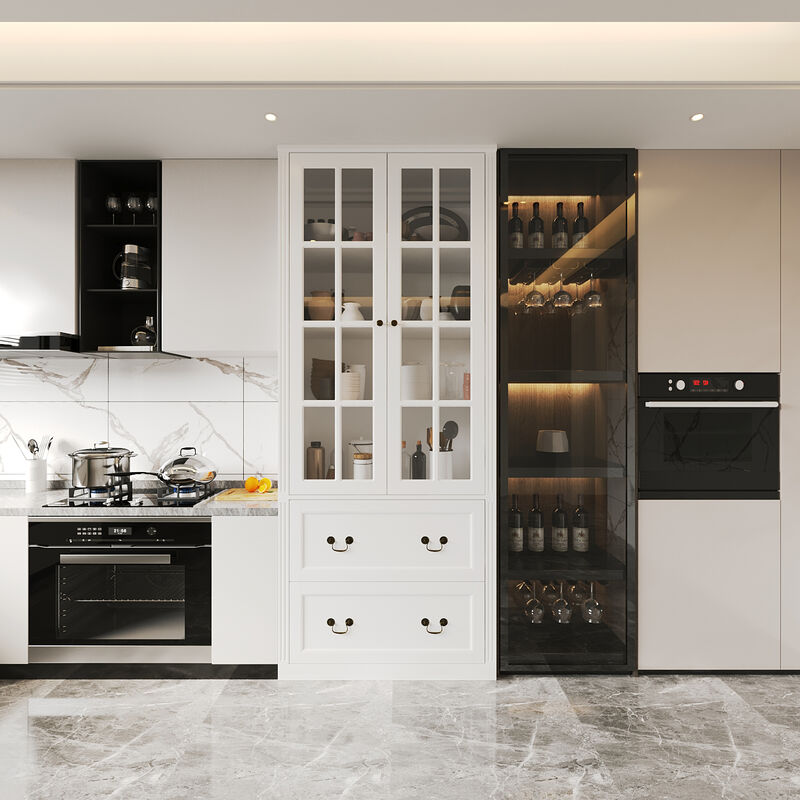 White Wooden 31.5 in. W Buffet Pantry Cabinet Kitchen Cabinet with Adjustable Shelves and Tempered Glass Doors, Drawers